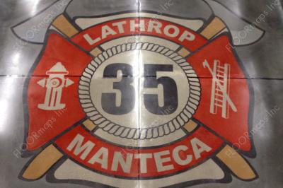 Lathrop Manteca Fire Station No. 35, 15 footer logo installed with Ameripolish Classic red, black, and brown, surrounded by a custom charcoal grey concrete dye.