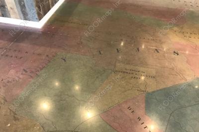 First completed attempt of the indoor map of old Texas installed with 3.4 mil vinyl and etching solution, and dye on polished concrete.