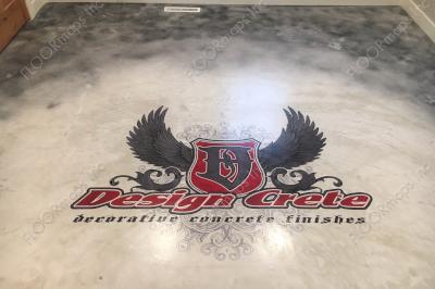 Finished Design Crete logo completed using our 3.4 mil vinyl and Red and Varying degrees of black concrete dyes.