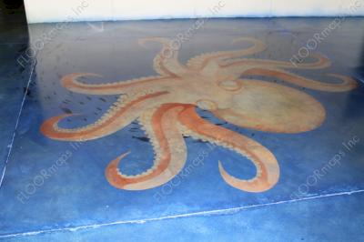 Full image of installed orange octopus surrounded by blue on a polished concrete floor using dye and 3.4 mil vinyl finished with sealer