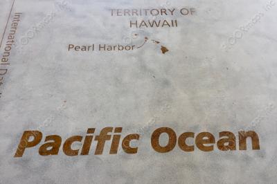 Finished map design showing hawaii, pearl harbor and the Text pacific ocean beautifully crisp in colors that create a great contrast of black, brown, and natural concrete.